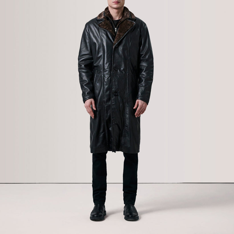 Cai Noir Leather Shearling Manteau en Cuir pour Homme