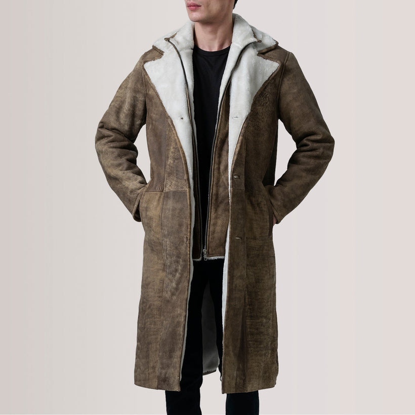 Cai Patine Usée Marron Leather Shearling Manteau en Cuir pour Homme