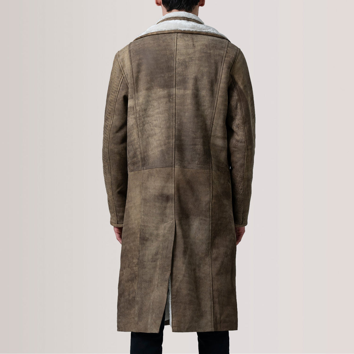 Close-Up Detail of Notch & Button Hardware on Cai Distressed Brown Leather Shearling Coat For Men