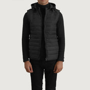 
Carlo Noir Doudoune sans manches à capuche pour Homme en cuir de vachette noir véritable - Vue de face & silhouette ajustée | Acheter en ligne