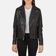 Women's Carolyn Quilted Black Biker Jacket in Black Goatskin Leather - Vue de face &amp; silhouette ajustée | Acheter en ligne