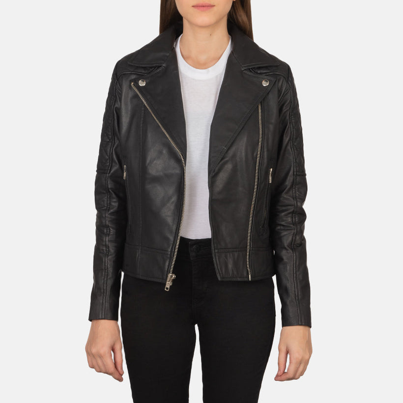 Carolyn Matelassé Noir Veste Motard en Cuir pour Femme