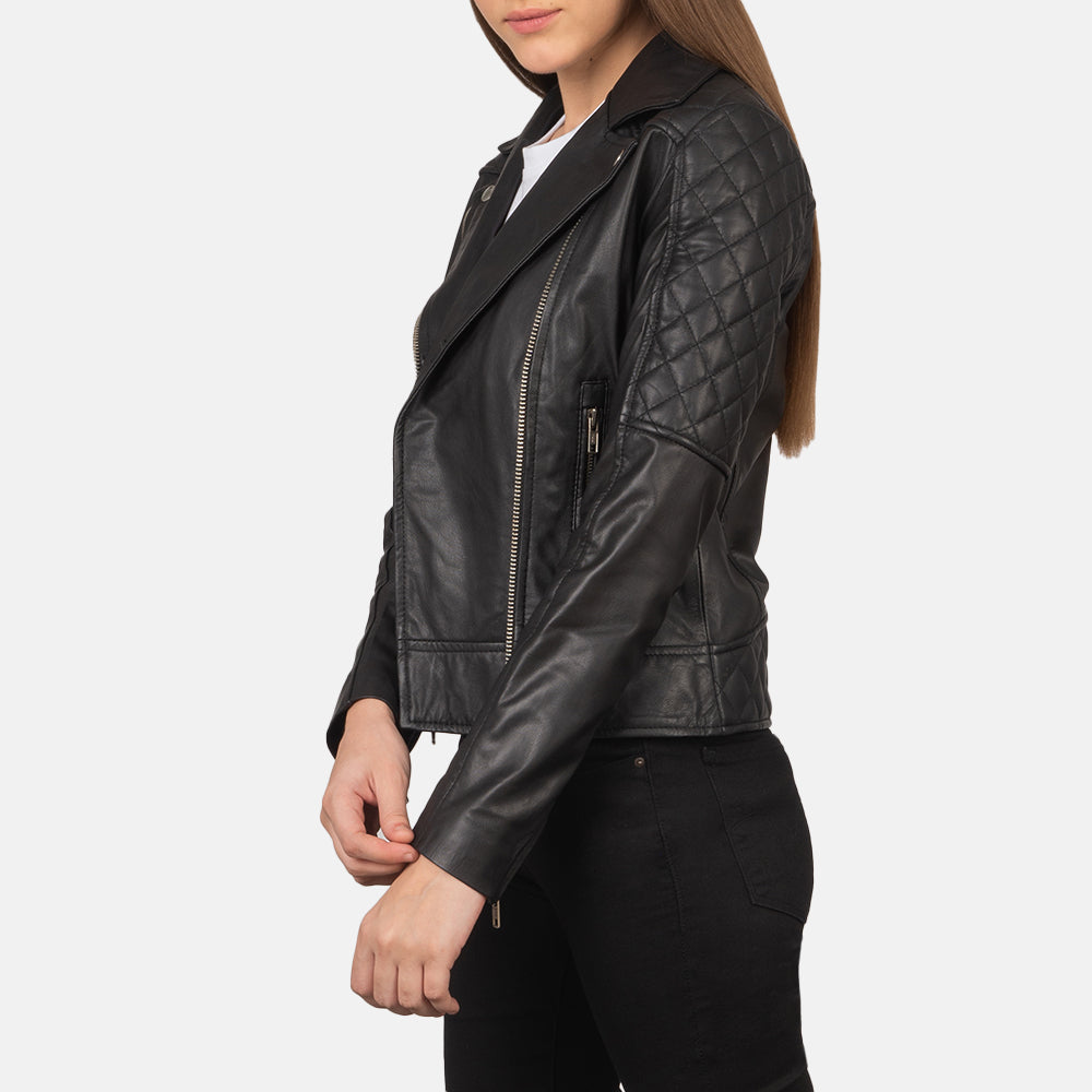 Black Goatskin Leather Biker Jacket - Vue de dos avec coupe ajustée aux épaules &amp; ourlet soigné