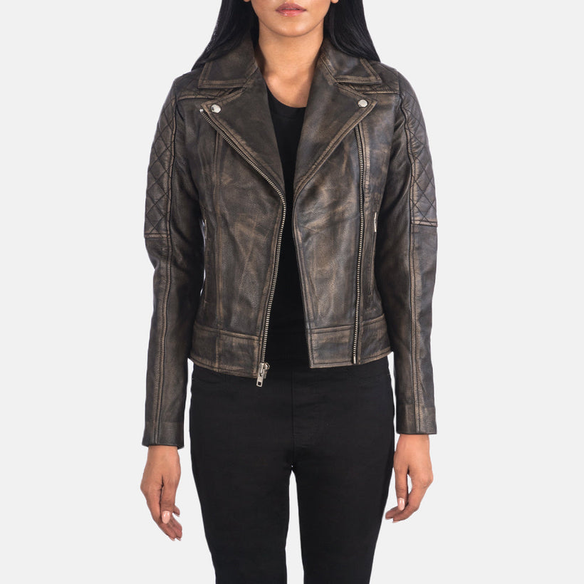 Carolyn Matelassé Patine Usée Marron Veste Motard en Cuir pour Femme