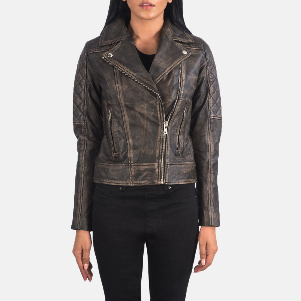 
Vue détaillée of Notch & Zipper Hardware on Carolyn Quilted Distressed Brown Biker Jacket