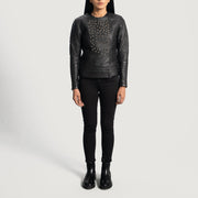 Vue détaillée of Classic Collar &amp; Snap Button Hardware on Women's Celeste Studded Noir Veste en Cuir pour Femme