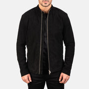 Men's Charcoal Noir Suede Veste Motard en Cuir pour Homme in Black Goatskin Suede - Vue de face &amp; silhouette ajustée | Acheter en ligne