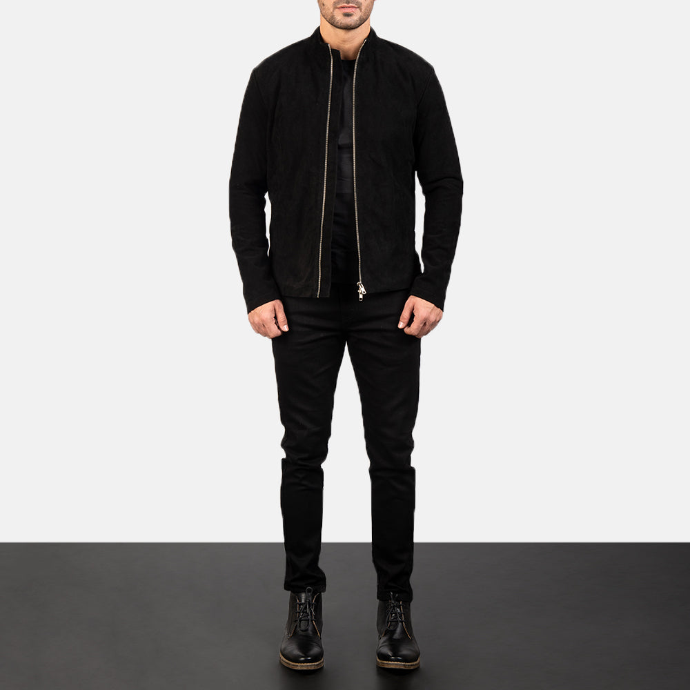 Men's Charcoal Noir Suede Veste Motard en Cuir pour Homme - Vue de profil avec coupe de manche ergonomique