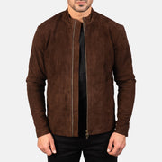 Charcoal Mocha Suede Veste Motard en Cuir pour Homme in Dark Brown Goatskin Suede - Vue de face &amp; silhouette ajustée | Acheter en ligne