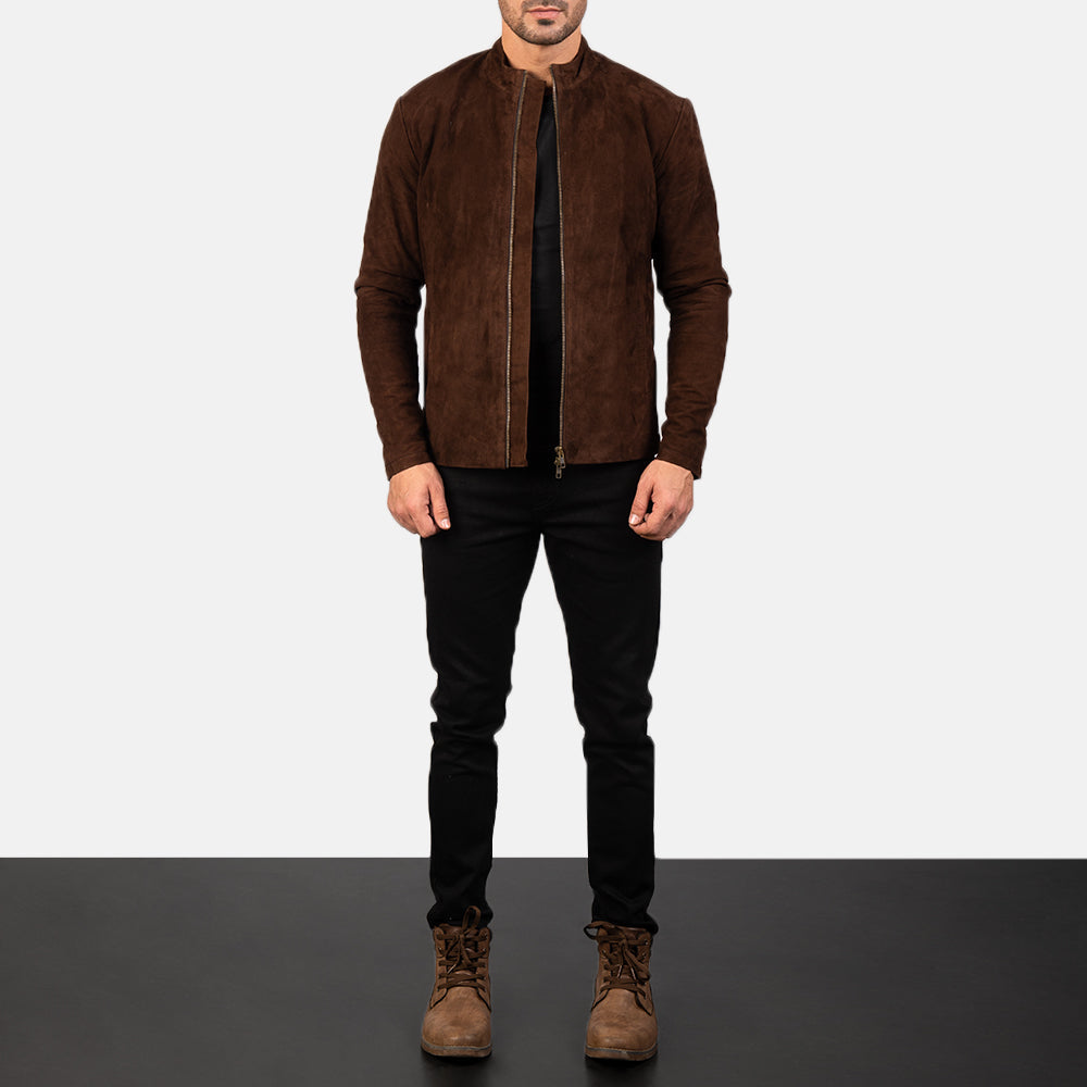 Charcoal Mocha Suede Veste Motard en Cuir pour Homme - Vue de profil mettant en valeur la coupe de manche