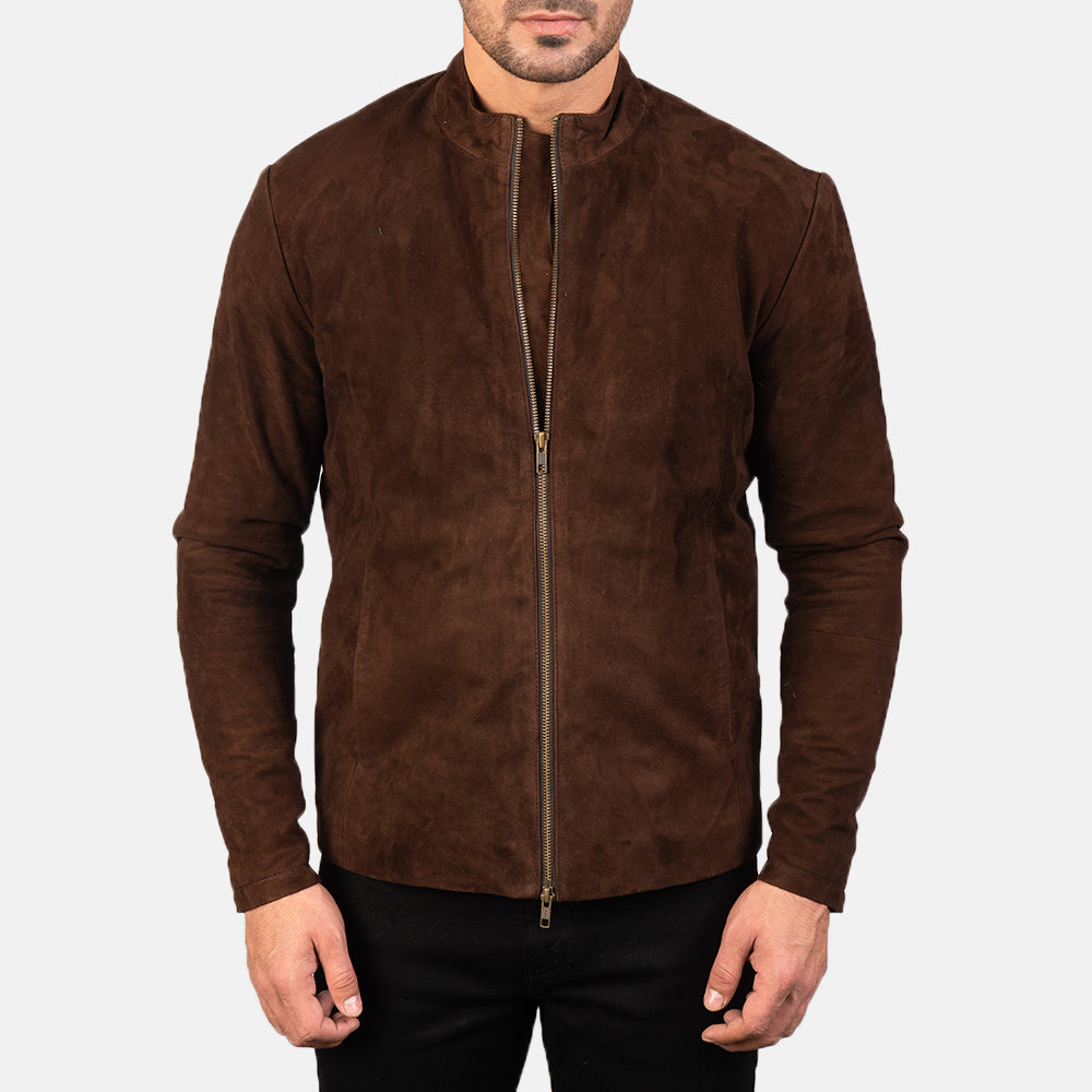 Vue détaillée of Mandarin &amp; Zipper with Dual Puller Hardware on Charcoal Mocha Suede Veste Motard en Cuir pour Homme