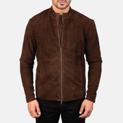 Vue détaillée of Mandarin &amp; Zipper with Dual Puller Hardware on Charcoal Mocha Suede Veste Motard en Cuir pour Homme