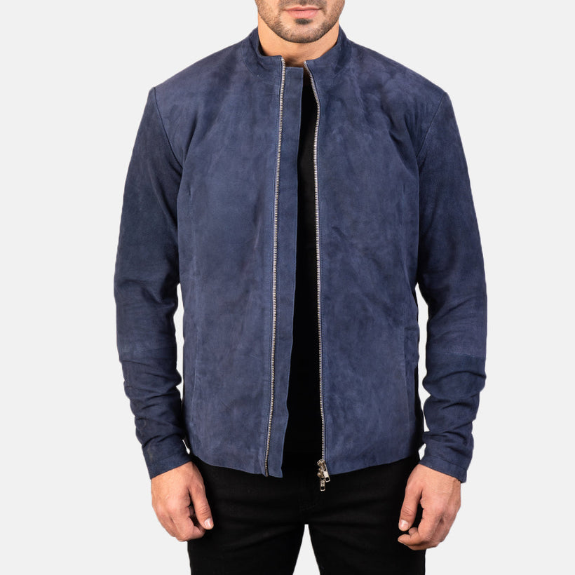 Charcoal Navy Bleu Suede Veste Motard en Cuir pour Homme