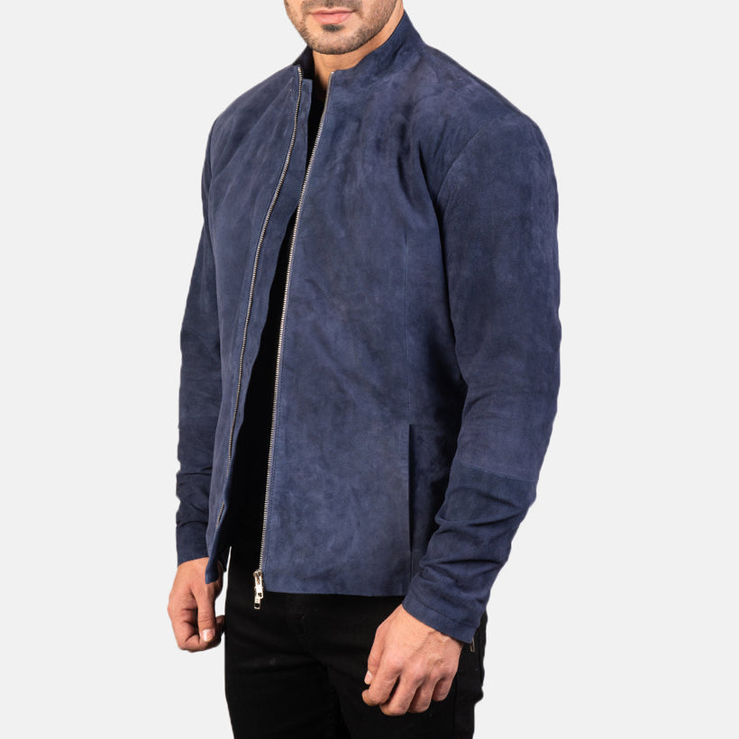 Charcoal Navy Bleu Suede Veste Motard en Cuir pour Homme