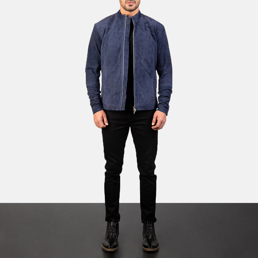 
Charcoal Navy Bleu Suede Veste Motard en Cuir pour Homme - Vue de profil mettant en valeur la coupe de manche ergonomique