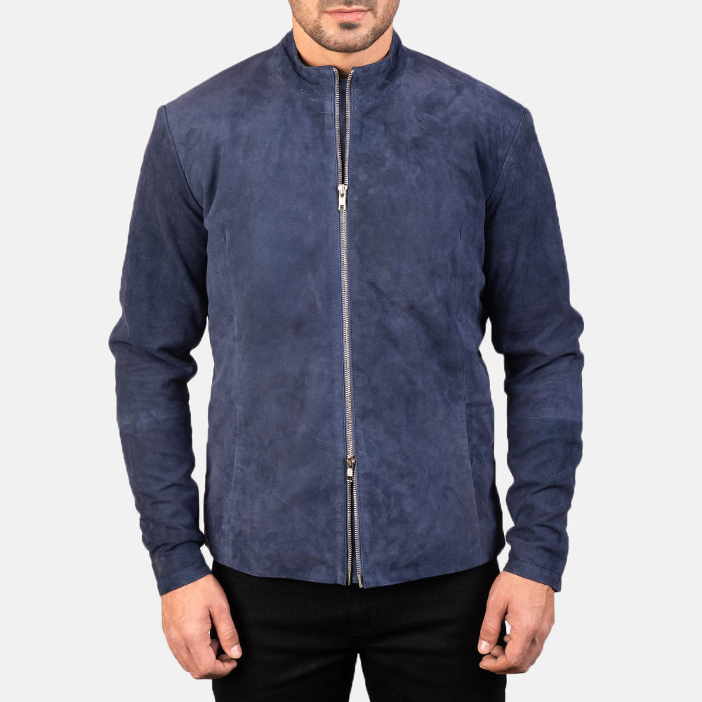 
Vue détaillée of Mandarin & Zipper with Dual Puller Hardware on Charcoal Navy Bleu Suede Veste Motard en Cuir pour Homme