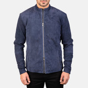 
Vue détaillée of Mandarin & Zipper with Dual Puller Hardware on Charcoal Navy Bleu Suede Veste Motard en Cuir pour Homme