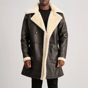 
Tailored Rib Cuffs & Hem Craftsmanship Construction Detail on Charles Brown Suede Leather Shearling Double-Breasted Coat