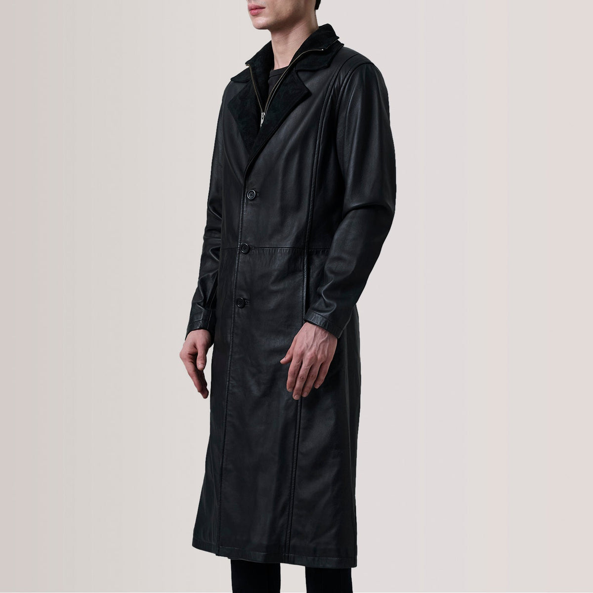 Charlton Black Leather Single Breasted Coat For Men - Lateral Side Profile View Showing Sleeve Cut & Athletic Taper Fit