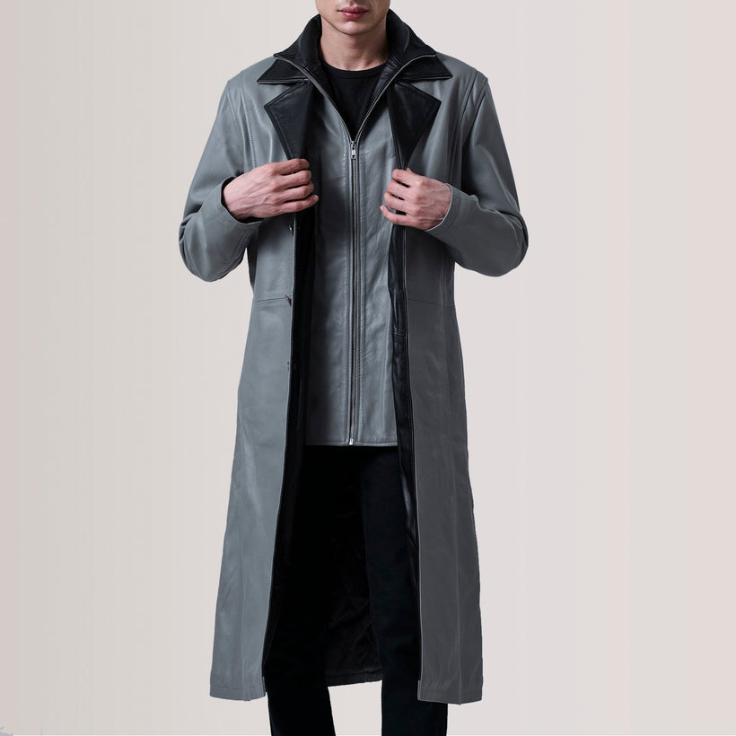 Charlton Gris Leather Single Breasted Manteau en Cuir pour Homme