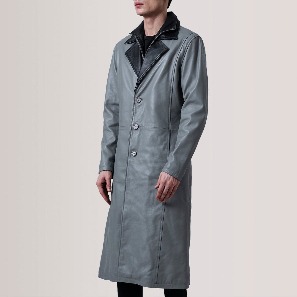 Charlton Gris Leather Single Breasted Manteau en Cuir pour Homme For Men - Vue de profil avec coupe de manche ergonomique