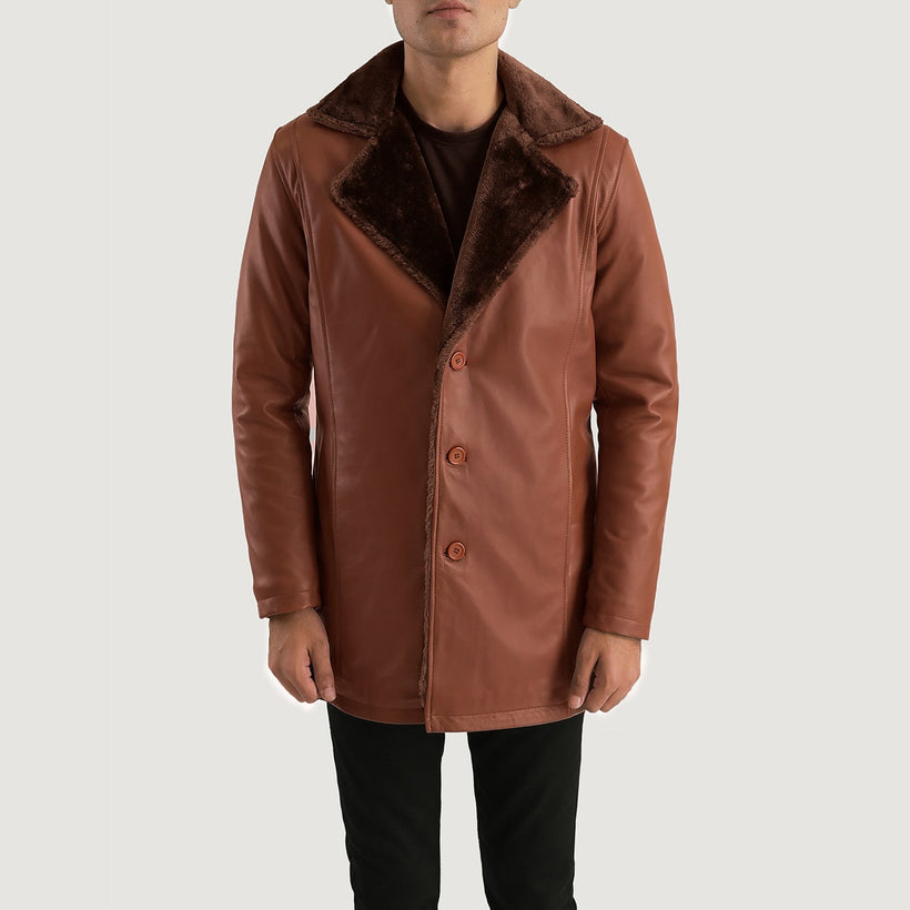 Cinnamon Marron Leather Fur Manteau en Cuir pour Homme