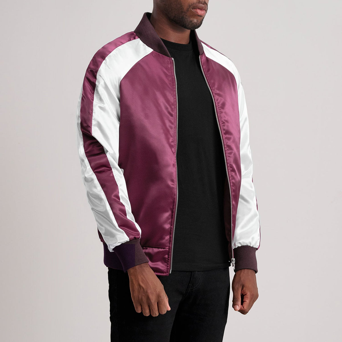 Maroon &amp; White Satin Aviator Jacket - Vue de dos avec coupe ajustée aux épaules &amp; ourlet soigné