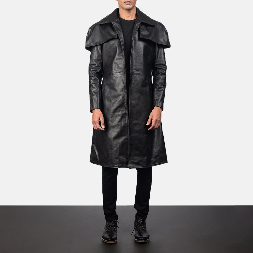 Men's Classic Noir Leather Duster pour Homme in Black Cowhide Leather - Vue de face &amp; silhouette ajustée | Acheter en ligne