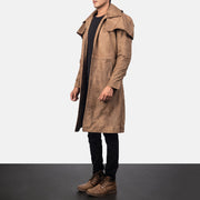 
Distressed Brown Sheepskin Snuffed Trench Coat - Vue arrière montrant la carrure ajustée et l'ourlet net