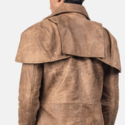 
Vue détaillée of Classic Collar & Heavy-Duty Zipper Hardware on Classic Marron Leather Duster pour Homme