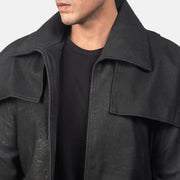 Vue détaillée of Classic Collar &amp; Heavy-Duty Zipper Hardware on Men's Classic Patine Usée Noir Leather Duster pour Homme