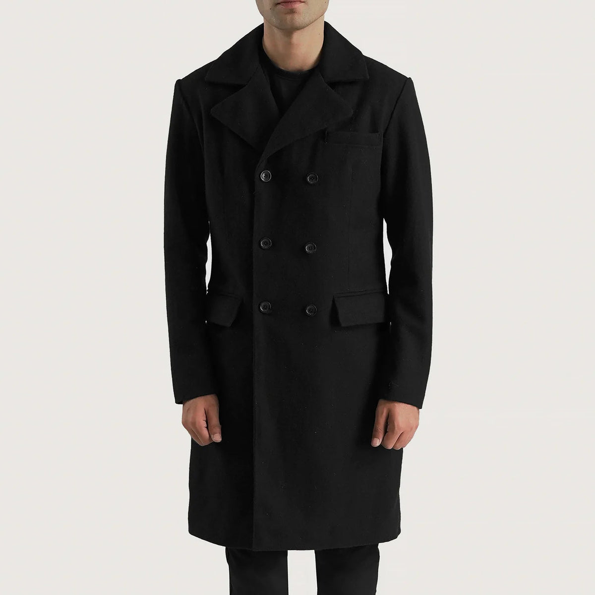 Men's Claud Black Wool Double Breasted Coat in Black Synthetic Wool - Vue de face &amp; silhouette ajustée | Acheter en ligne