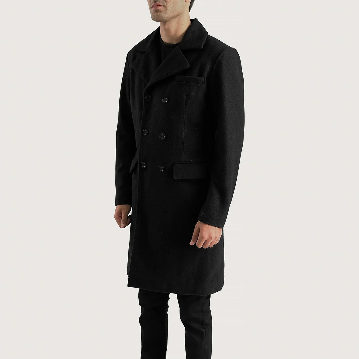 Black Synthetic Wool Trench Coat - Vue de dos avec coupe ajustée aux épaules &amp; ourlet soigné