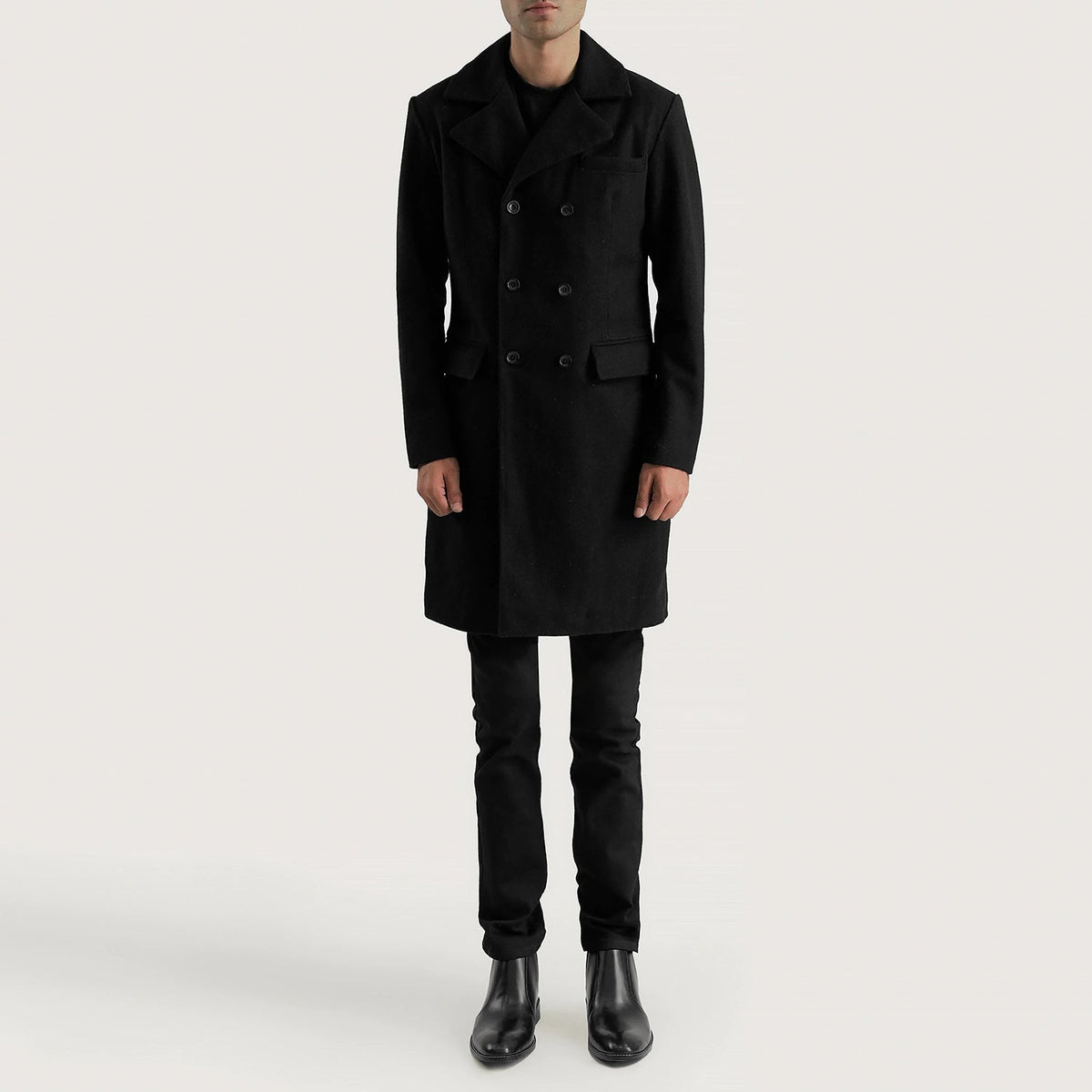 Men's Claud Black Wool Double Breasted Coat - Vue de profil avec coupe de manche ergonomique