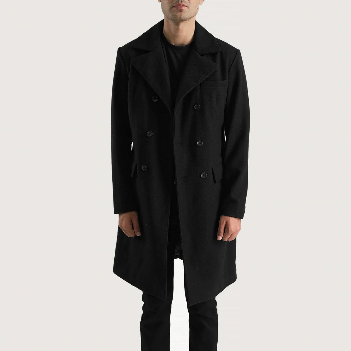 Vue détaillée of Notch &amp; Button Hardware on Men's Claud Black Wool Double Breasted Coat