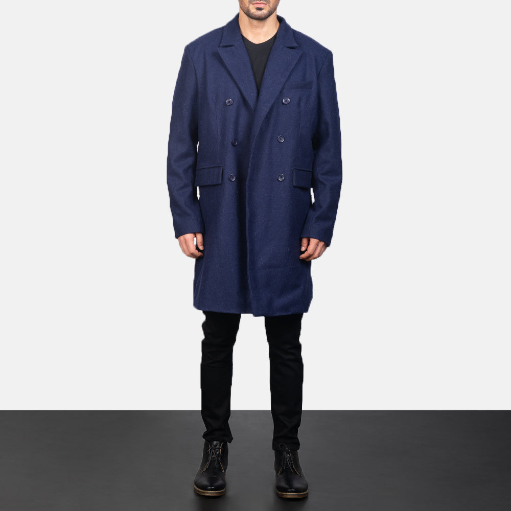 Blue Wool Double Breasted Coat in Navy Blue Synthetic Wool - Vue de face &amp; silhouette ajustée | Acheter en ligne