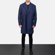 Blue Wool Double Breasted Coat in Navy Blue Synthetic Wool - Vue de face &amp; silhouette ajustée | Acheter en ligne