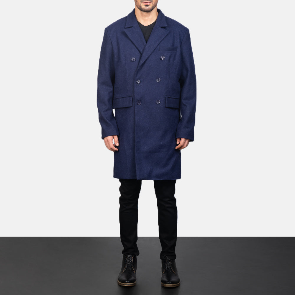 Blue Wool Double Breasted Coat - Vue de profil mettant en valeur la coupe de manche