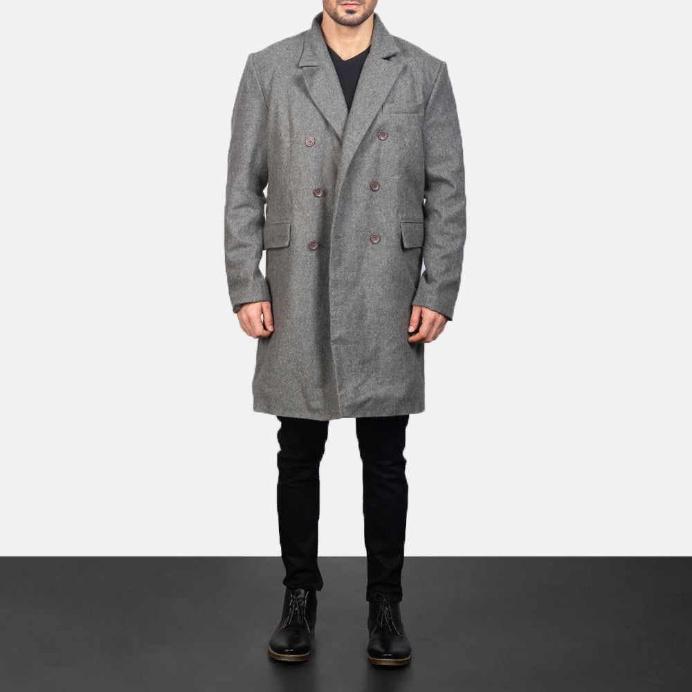 Men's Claud Grey Wool Double Breasted Coat - Vue de profil avec coupe de manche ergonomique