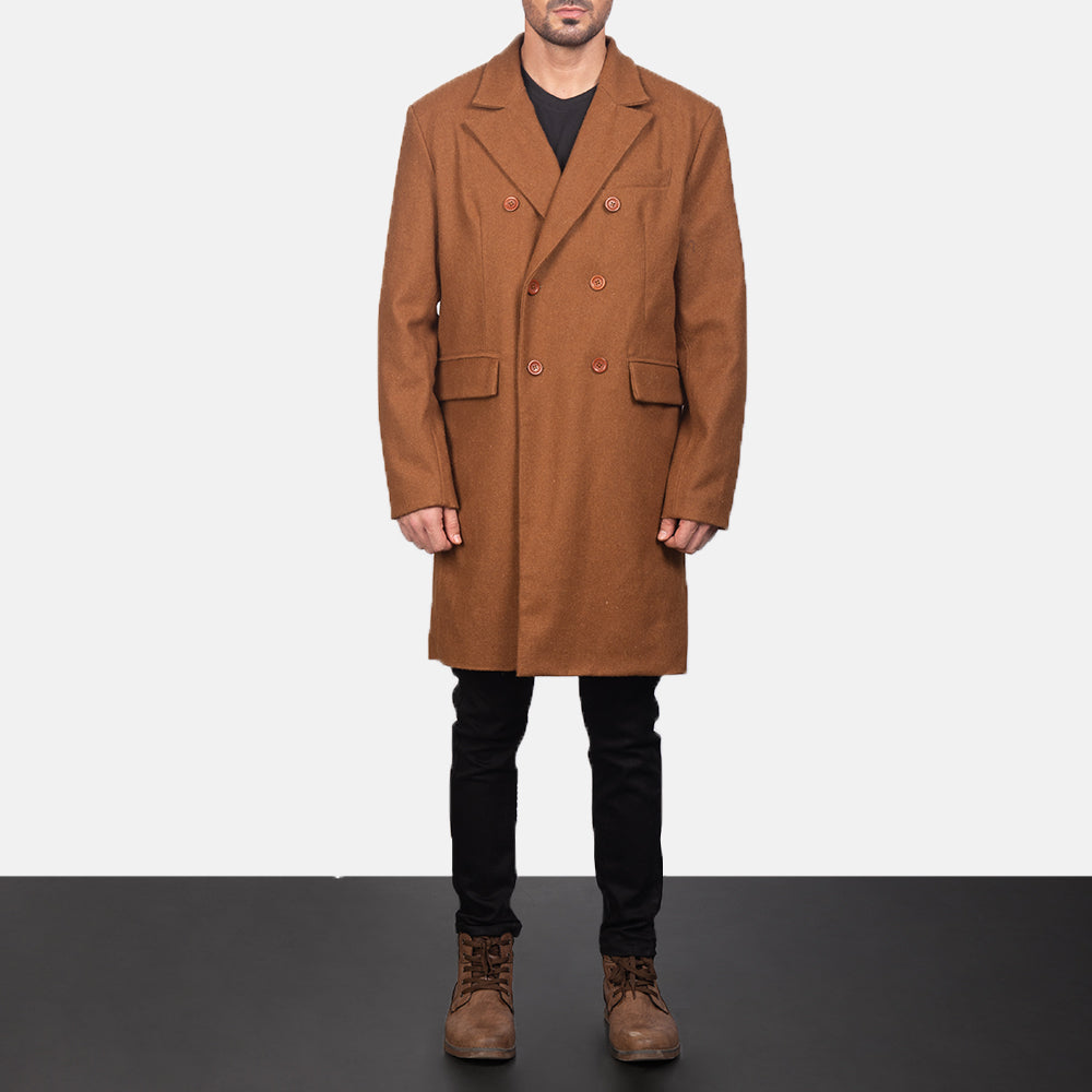
Claud Khaki Wool Double Breasted Coat in Khaki Synthetic Wool - Vue de face & silhouette ajustée | Acheter en ligne