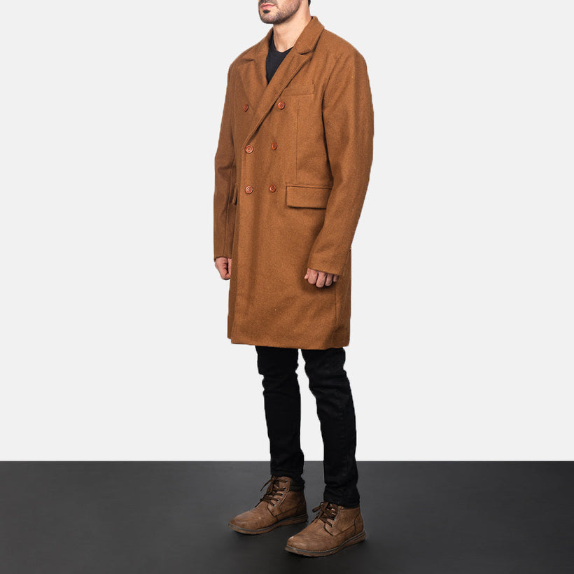Claud Khaki Wool Double-Breasted Manteau en Cuir pour Homme