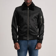 Clyde B-15 Black Bomber Jacket in Black Satin - Vue de face &amp; silhouette ajustée | Acheter en ligne