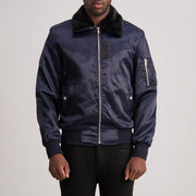 
Clyde B-15 Bleu Blouson Bombardier en Cuir pour Homme in Blue Satin - Vue de face & silhouette ajustée | Acheter en ligne