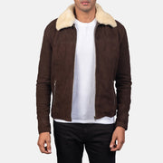 Men's Coffner Marron Shearling Fur Veste en Cuir pour Homme in Distressed Brown Goatskin Suede - Vue de face &amp; silhouette ajustée | Acheter en ligne
