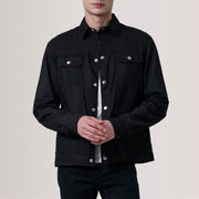 
Colberto Noir Waxed Canvas Trucker Veste en Cuir pour Homme For Men in Black Waxed Cotton Canvas - Vue de face & silhouette ajustée | Acheter en ligne
