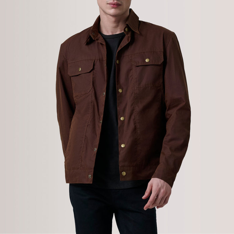 Colberto Marron Waxed Canvas Trucker Veste en Cuir pour Homme