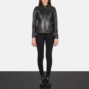 Vue détaillée of Shirt &amp; Zipper Hardware on Women Colette Noir Veste en Cuir pour Femme