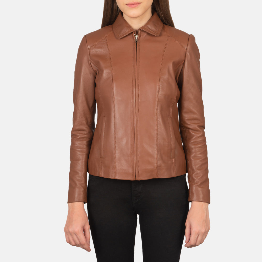 Vue détaillée of Shirt &amp; Zipper Hardware on Women Colette Marron Veste en Cuir pour Femme