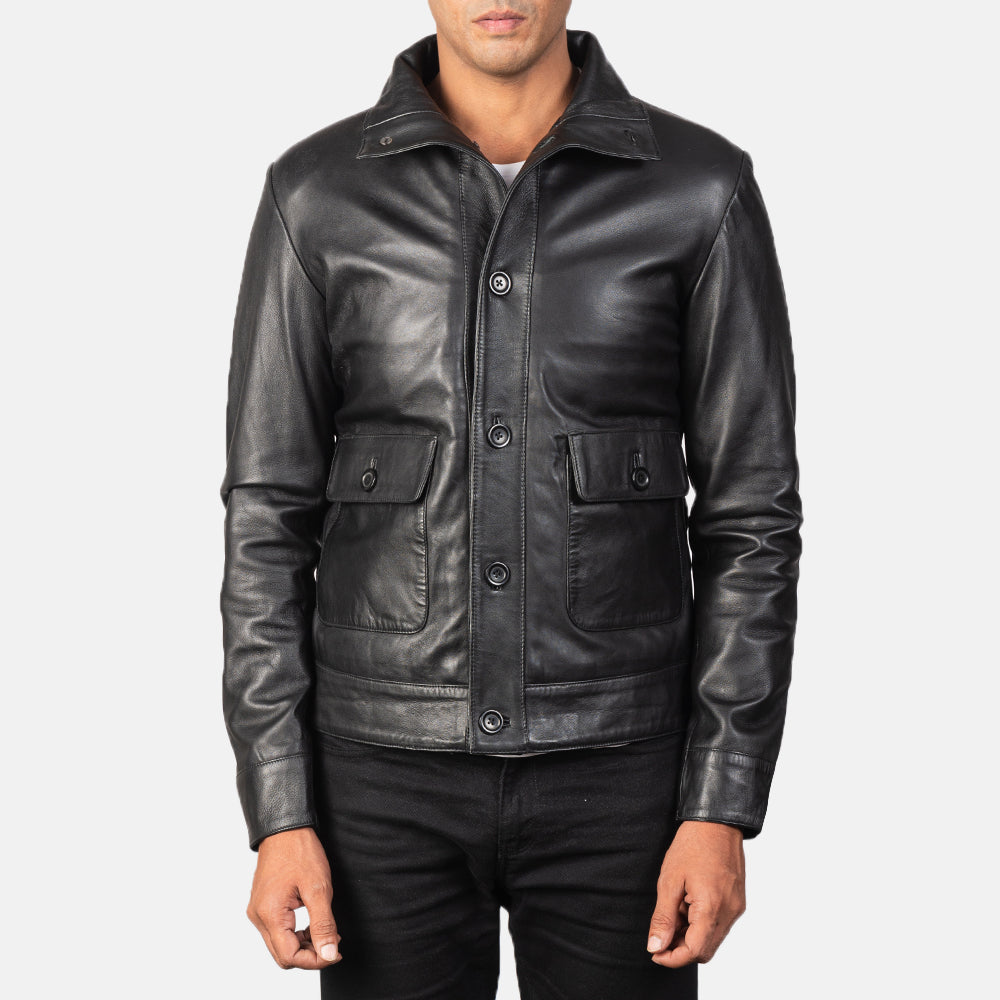 Norman Black Hooded Bomber Leather Puffer Jacket in Blue Sheepskin Leather - Vue de face &amp; silhouette ajustée | Acheter en ligne