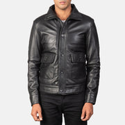 Norman Black Hooded Bomber Leather Puffer Jacket in Blue Sheepskin Leather - Vue de face &amp; silhouette ajustée | Acheter en ligne